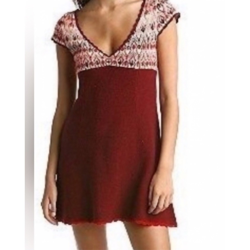 Free‎ People Fair Isle Knit Wool Blend Sweater Dress Burgundy Cap Sleeve